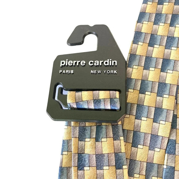 Pierre Cardin Silk Tie Geometric Design Muted Blue Yellow, New Without Tags - Picture 2 of 5
